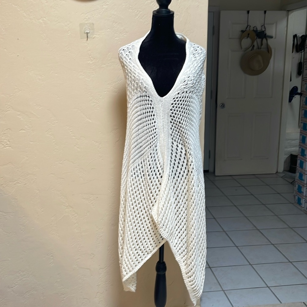 Kate Landry OSFA Beige Linen Blend Crochet Knit Pullover CAPE Poncho one size